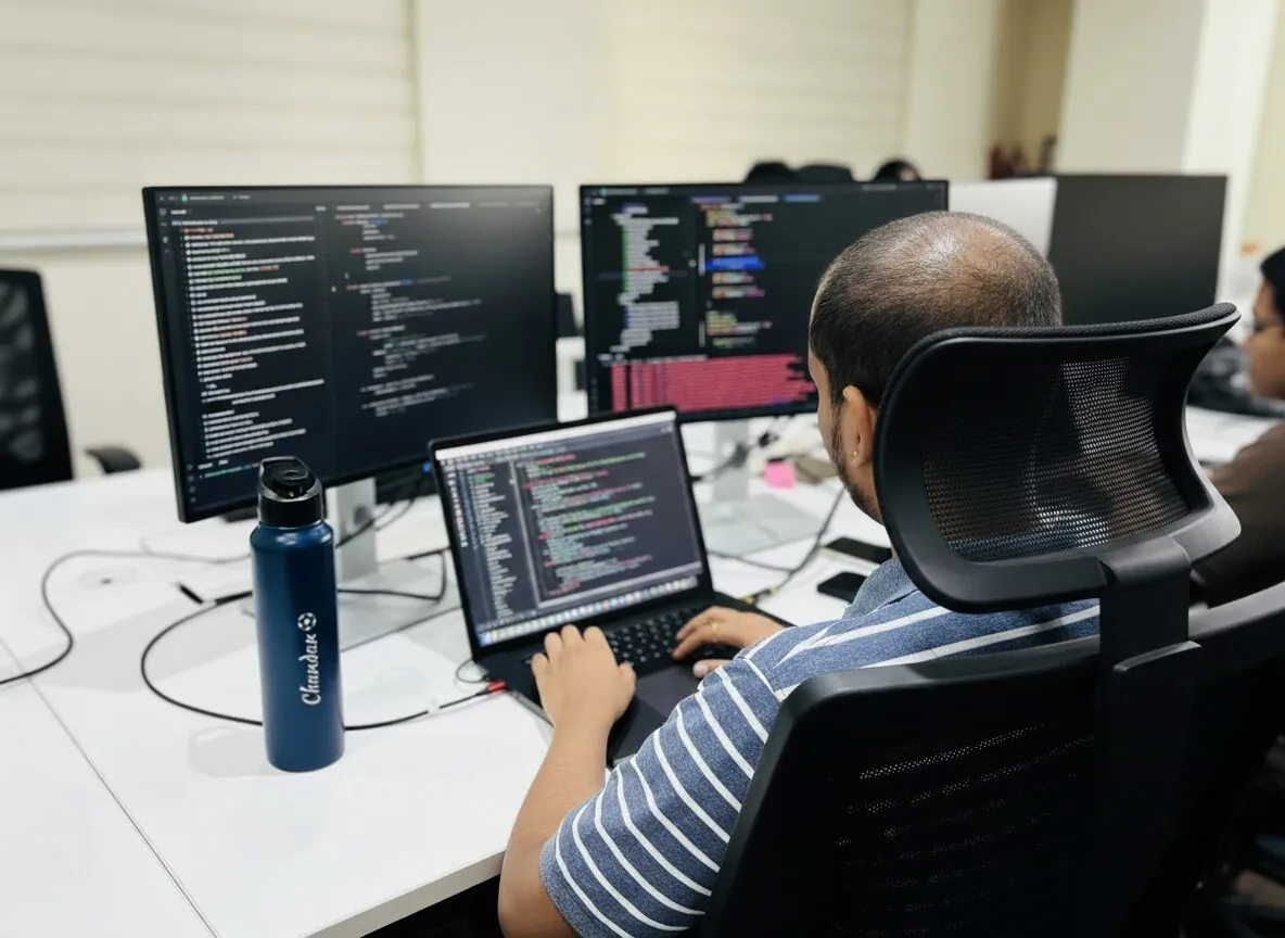 An engineer at a multi-monitor coding setup